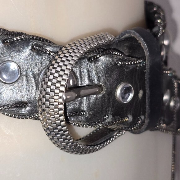 VTG Nanni Studded Black Leather Belt With Intricate Silver Buckle & Mesh Chains - Picture 1 of 11